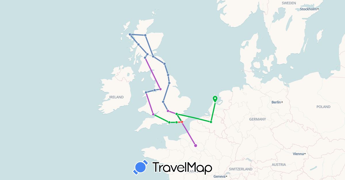 TravelMap itinerary: bus, cycling, train, hiking in Belgium, France, United Kingdom, Netherlands (Europe)